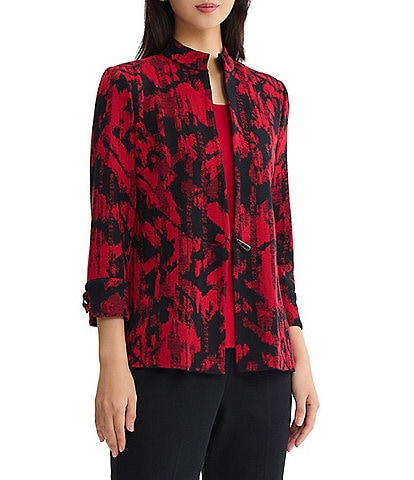 Ming Wang Petite Size Jacquard Knit Abstract Stand Collar Bracelet Sleeve Single Button-Front Jacket