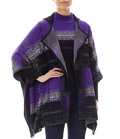 Ming Wang Plaid Jacquard Cozy Knit Piping Wing Collar 3/4 Sleeve Open Front Poncho Cardigan