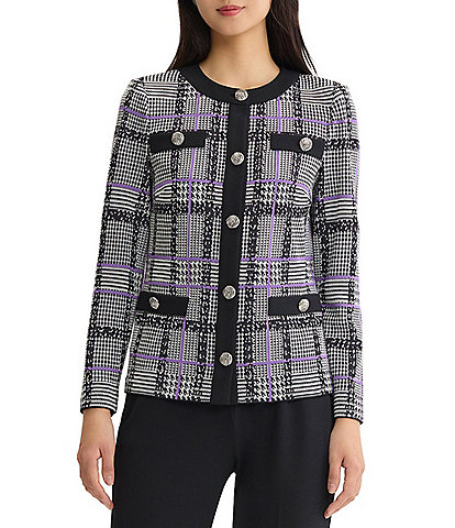Ming Wang Plaid Tweed Knit Round Neck Long Sleeve Button-Front Jacket