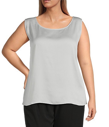 Ming Wang Plus Crepe De Chine Scoop Neck Sleeveless Tank