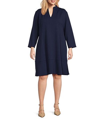 Ming Wang Plus Deco Crepe Woven V-Neck 3/4 Sleeve Tiered Ruffled Hem A-Line Dress