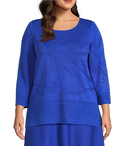 Ming Wang Plus Size Burnout Floral Knit Boat Neck Bracelet Sleeve Tunic
