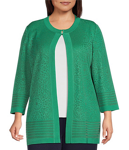Ming Wang Plus Size Burnout Medallion Knit Round Neck Bracelet Sleeve Jacket