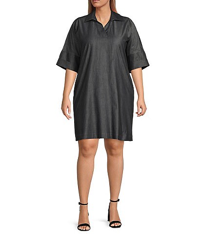 Ming Wang Plus Size Chambray Cotton Point Collar Cuffed Elbow Short Sleeve Shirt Dress