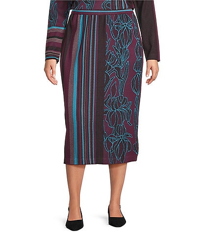 Ming Wang Plus Size Coordinating Multi-Pattern Jacquard Floral Stripe Soft Knit Straight Midi Skirt
