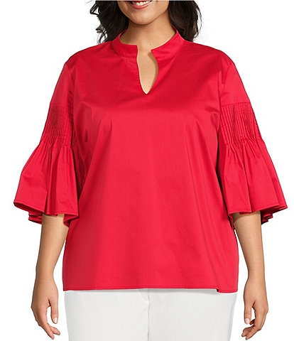 Ming Wang Plus Size Cotton Blend Stand Split V-Neck 3/4 Pleated Bell Sleeve Blouse