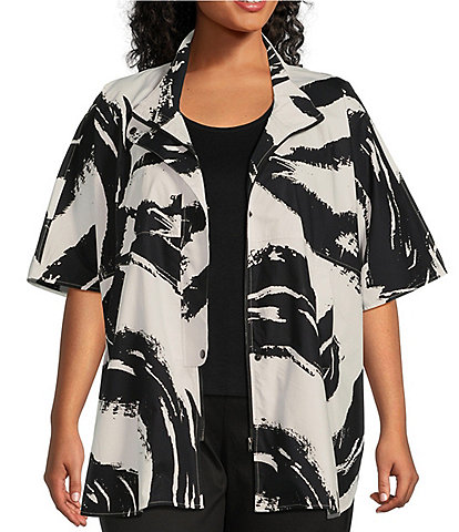 Ming Wang Plus Size Cotton Blend Woven Abstract Print Mock Neck Open Front Short Dolman Sleeve Poncho Jacket