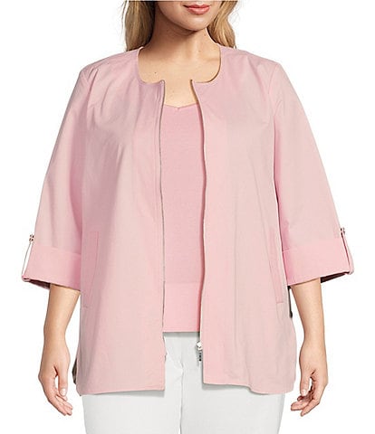 Ming Wang Plus Size Cotton Round Neck 3/4 Roll Tab Sleeve Zip-Front Jacket