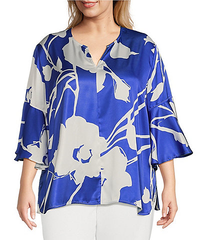 Ming Wang Plus Size Crepe de Chine Floral Split V-Neck 3/4 Ruffle Bell Sleeve Top