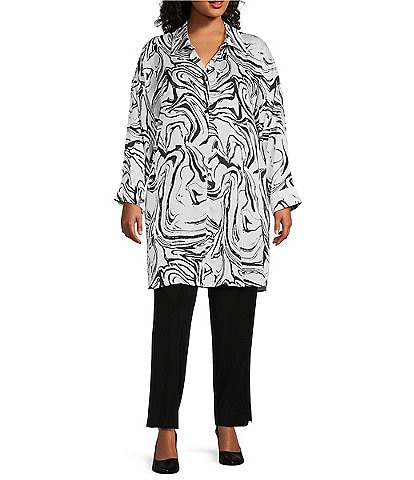 Ming Wang Plus Size Crepe de Chine Swirl Abstract Print Point Collar 3/4 Roll-Tab Sleeve Side Slit Tunic