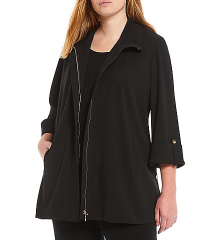 Ming Wang Plus Size Deco Crepe 3/4 Sleeve Zip Front Jacket