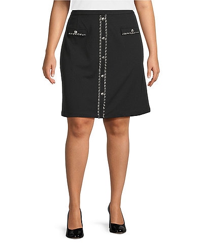 Ming Wang Plus Size Deco Crepe Chain Trim A-Line Skirt