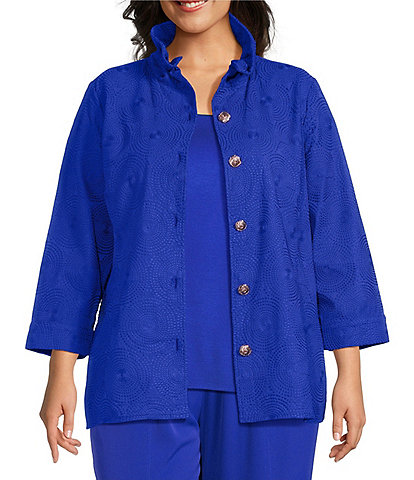 Ming Wang Plus Size Embroidered Tailored Fit Ruched Collar Bracelet Sleeve Jacket