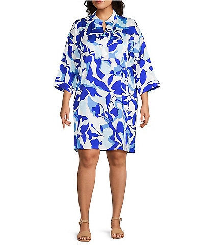 Ming Wang Plus Size Floral Print Crepe De Chine Split Collar Elbow Sleeve Dress