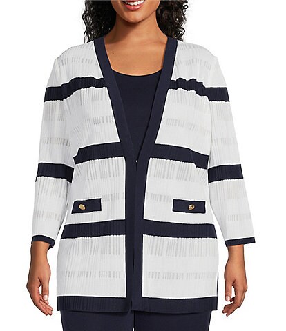 Ming Wang Plus Size Grid Striped Print Sheer Knit V-Neck 3/4 Sleeve Jacket