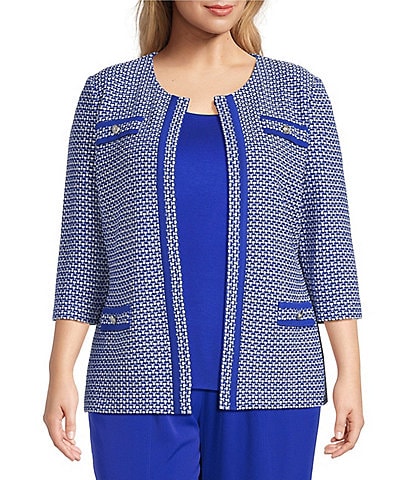 Ming Wang Plus Size Honeycomb Tweed Knit Round Neck 3/4 Sleeve Jacket