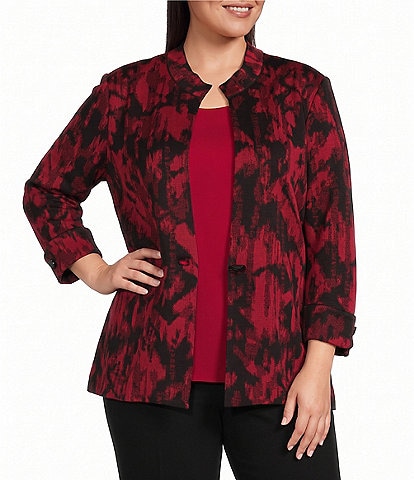 Ming Wang Plus Size Jacquard Knit Abstract Stand Collar Bracelet Sleeve Single Button-Front Jacket