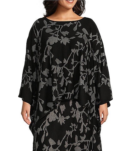 Ming Wang Plus Size Jacquard Knit Floral Print Boat Neck 3/4 Sleeve Poncho Top