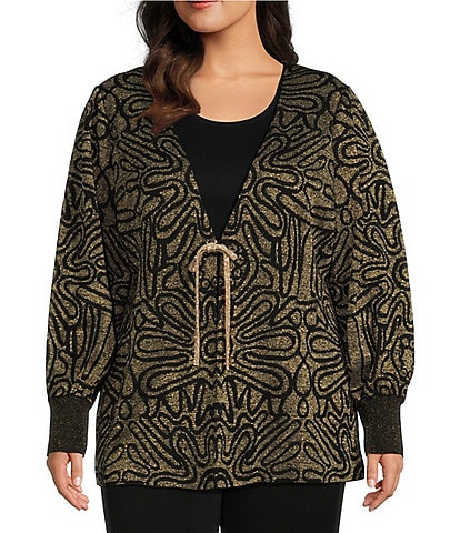 Ming Wang Plus Size Lurex Knit Metallic Swirl Long Balloon Sleeve Jacket