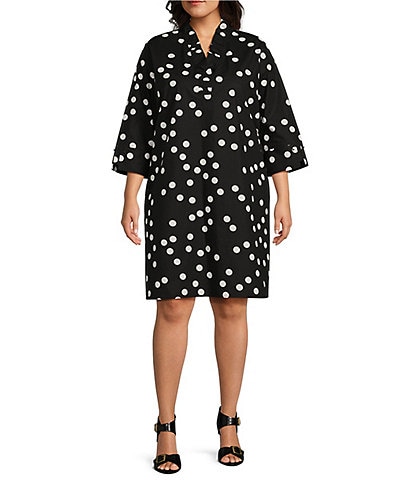 Ming Wang Plus Size Polka Dot Ruffle V-Neck 3/4 Sleeve Shift Dress