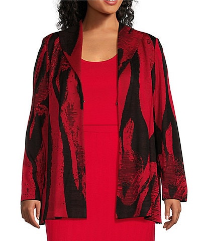 Ming Wang Plus Size Shimmer Knit Abstract Shawl Collar Long Sleeve Jacket