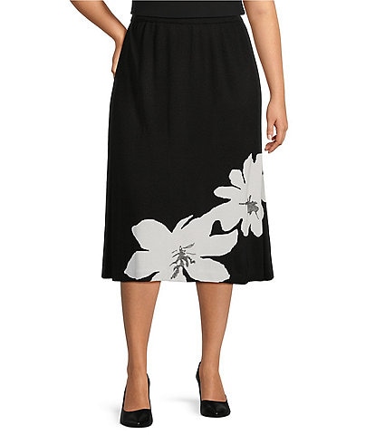 Ming Wang Plus Size Soft Knit Floral Print No-Roll Elastic Waist A-Line Midi Skirt