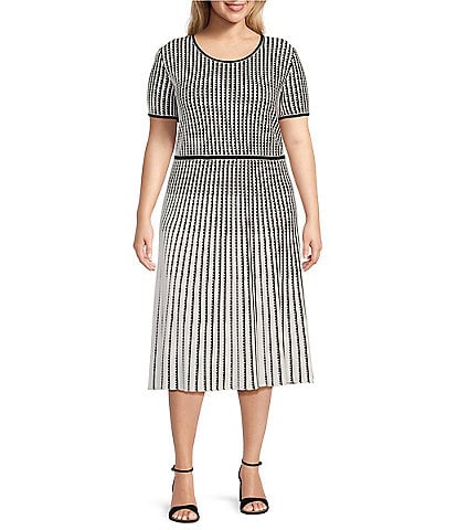 Ming Wang Plus Size Soft Knit Grid Striped Print Short Sleeve Contrasting Trim A-Line Midi Dress