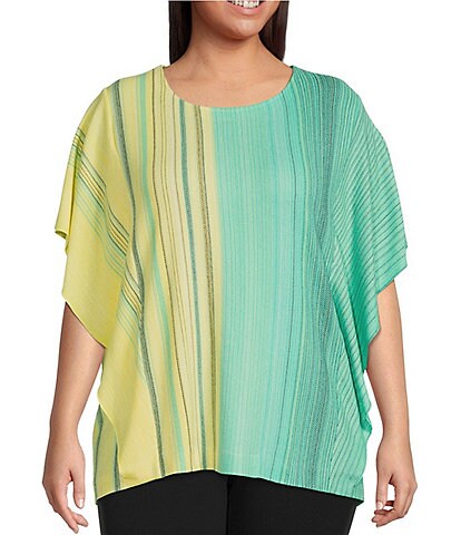 Ming Wang Plus Size Soft Knit Ombre Striped Print Crew Neck Short Flutter Sleeve Tunic