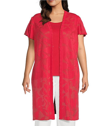 Ming Wang Plus Size Soft Knit Sheer Floral Jacquard Short Ruffle Sleeve Open Front Longline Cardigan Jacket