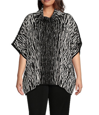 Ming Wang Plus Size Soft Knit Zebra Print Turtleneck Short Sleeve Tunic