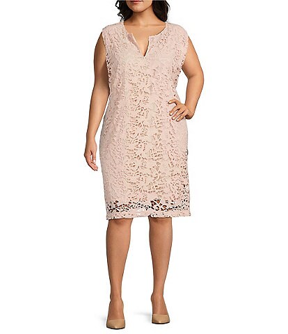 Ming Wang Plus Size Split Round Neck Sleeveless Lace Sheath Dress
