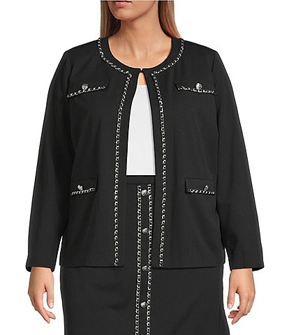 Ming Wang Plus Size Stretch Deco Crepe Crew Neck Long Sleeve Chain Trim Jacket