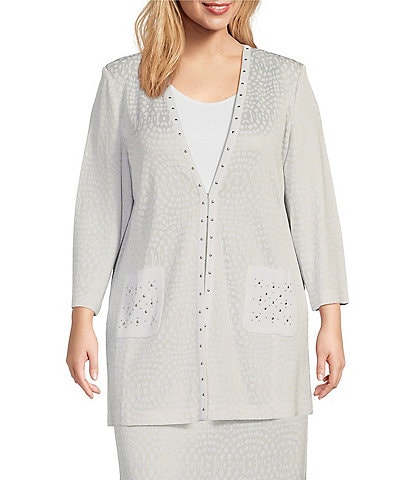 Ming Wang Plus Size Textured Knit Studded Trim Open Front 3/4 Sleeve Coordinating Jacket
