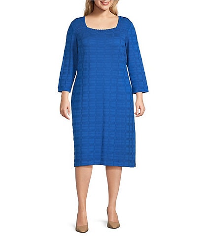 Ming Wang Plus Size Textured Soft Knit Square Neck 3/4 Sleeve Sheath Dress