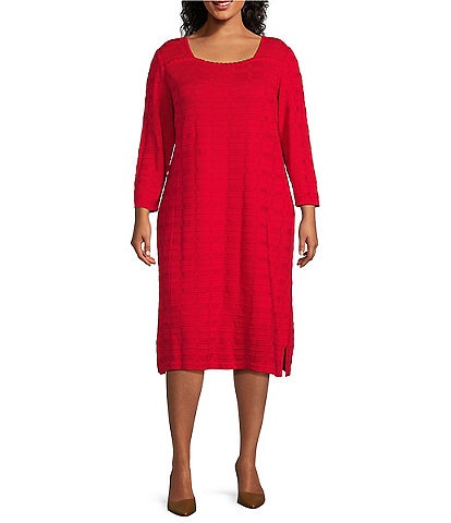 Ming Wang Plus Size Textured Soft Knit Square Neck 3/4 Sleeve Sheath Dress