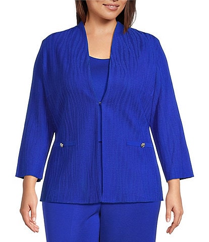 Ming Wang Plus Size Textured Wave Knit Mandarin Collar Bracelet Sleeve Jacket