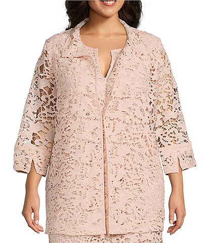 Ming Wang Plus Size Wing Collar 3/4 Sleeve Floral Lace Jacket
