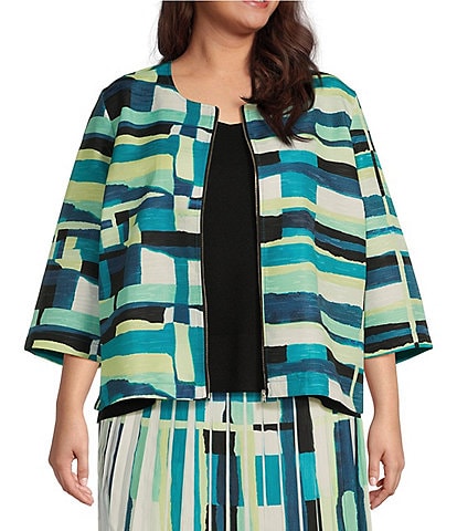 Ming Wang Plus Size Woven Abstract Print Round Neck 3/4 Sleeve Zip Front Coordinating Jacket