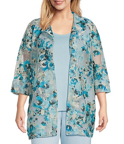 Ming Wang Plus Size Woven Floral Sheer 3/4 Sleeve Open-Front Jacket