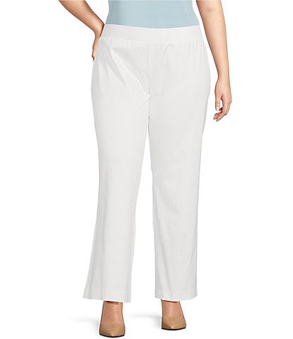 Ming Wang Plus Size Woven No-Roll Waist Back Slits Hem Pull-On Ankle Pants