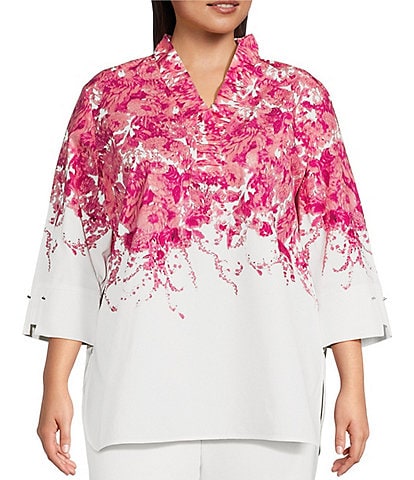 Ming Wang Plus Size Woven Poplin Floral Print Ruffle V-Neck 3/4 Sleeve Drop Shoulder Side Slit Tunic
