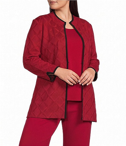 Ming Wang Plus Size Wrinkle-Resistant High Round Neck Bracelet Sleeve Contrast Trim Jacket