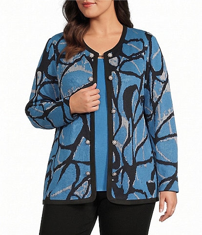 Ming Wang Plus Size Wrinkle-Resistant Jacquard Knit Abstract Long Sleeve Jacket