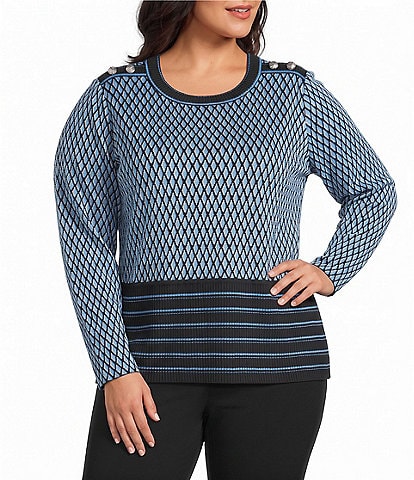 Ming Wang Plus Size Wrinkle-Resistant Ribbed Knit Diamond Striped Crew Neck Long Sleeve Top