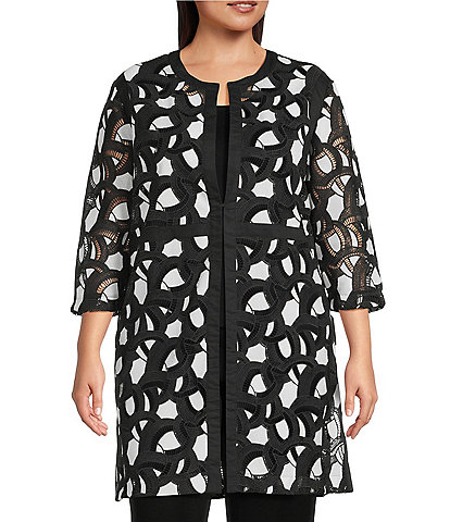 Ming Wang Plus Two-Tone Lace Round Neck 3/4 Sleeve Jacket