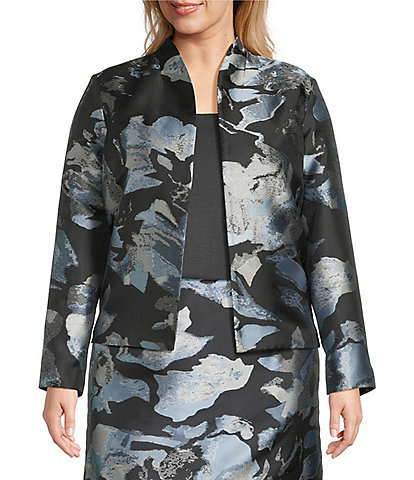 Ming Wang Plus Woven Floral Print Mandarin Collar Long Sleeve Open Front Jacket