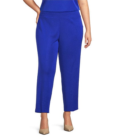 Ming Wang Plus Woven Slim Straight Leg Elastic Waist Cropped Pull-On Pants