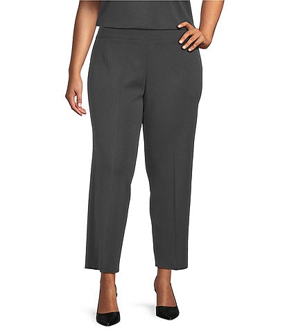 Ming Wang Plus Woven Slim Straight Leg Elastic Waist Cropped Pull-On Pants