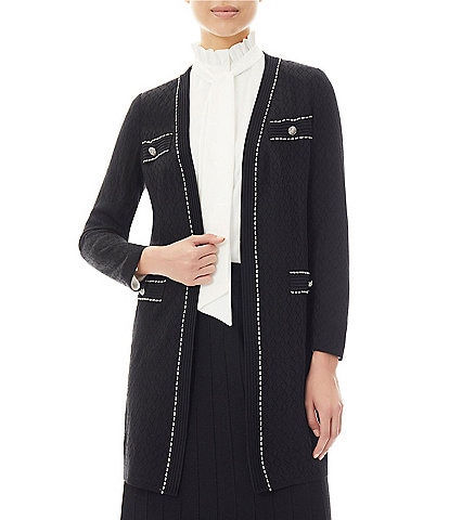 Ming Wang Pointelle Knit Contrast Trim V-Neck Long Sleeve Button Trim Detail Side Slit Jacket
