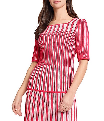 Ming Wang Pointelle Ribbed Knit Square Neck Short Sleeve Top
